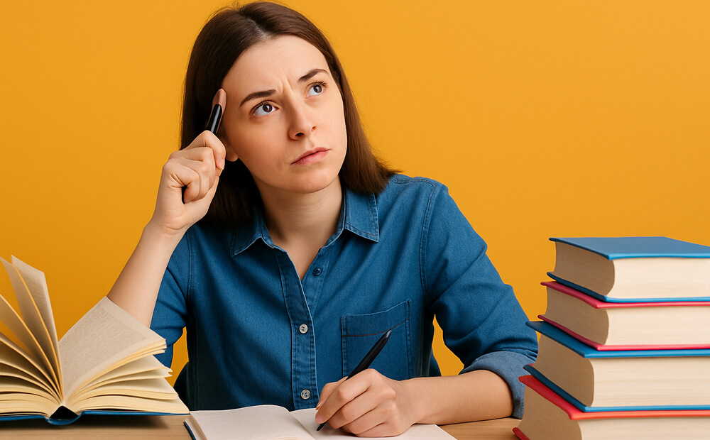 Jeune femme qui cherche son sujet de mémoire, prenant des notes dans un carnet, entourée de livres de recherche académique devant un fond orange vif.