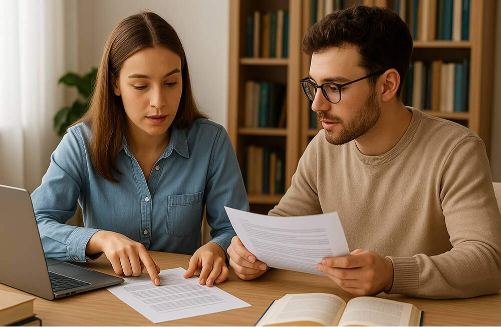 Deux étudiants discutant autour d’un plan de mémoire imprimé, échangeant des idées et prenant des notes sur un bureau avec ordinateur et documents, dans une ambiance universitaire lumineuse et studieuse.