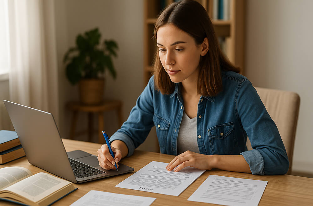 Étudiante concentrée rédigeant un mémoire universitaire sur un ordinateur portable, entourée de documents et de livres ouverts sur un bureau bien organisé, dans une pièce lumineuse.