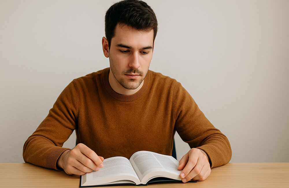 Étudiant concentré lisant un livre sur une table en bois, illustrant la lecture et l’apprentissage en environnement calme.