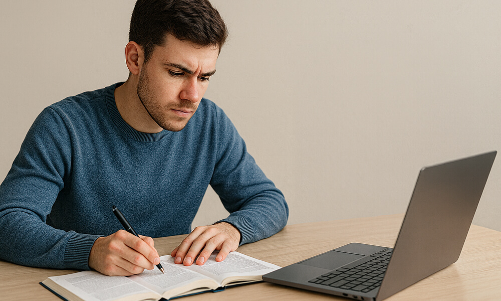 Étudiant concentré rédigeant son mémoire en suivant la méthode IMRED, prenant des notes dans un livre ouvert devant son ordinateur portable.