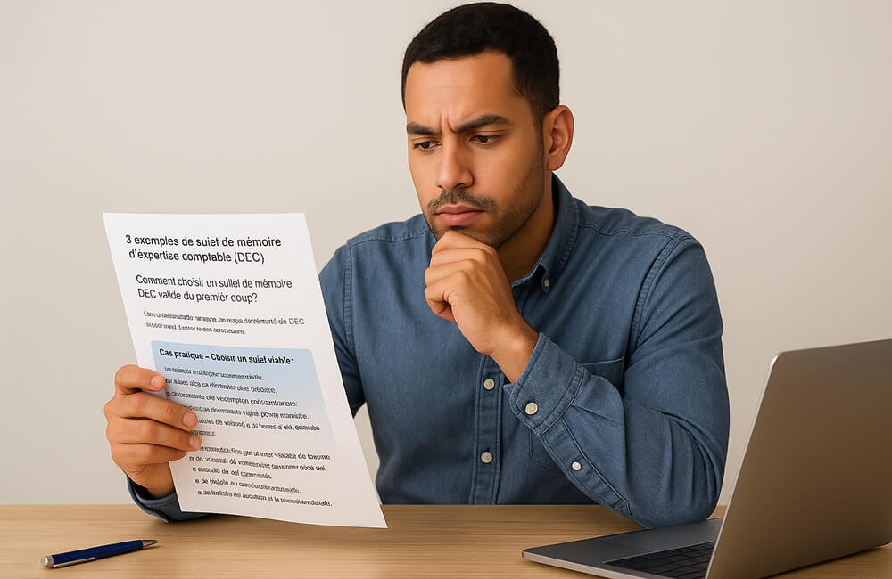 Jeune expert-comptable concentré lisant un document intitulé « 3 exemples de sujet de mémoire d’expertise comptable (DEC) » devant son ordinateur portable.