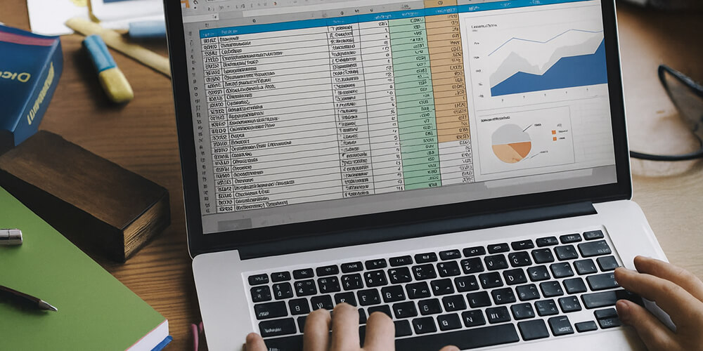 Personne travaillant sur un ordinateur portable affichant un tableau Excel avec graphiques, chiffres et données analytiques sur un bureau.