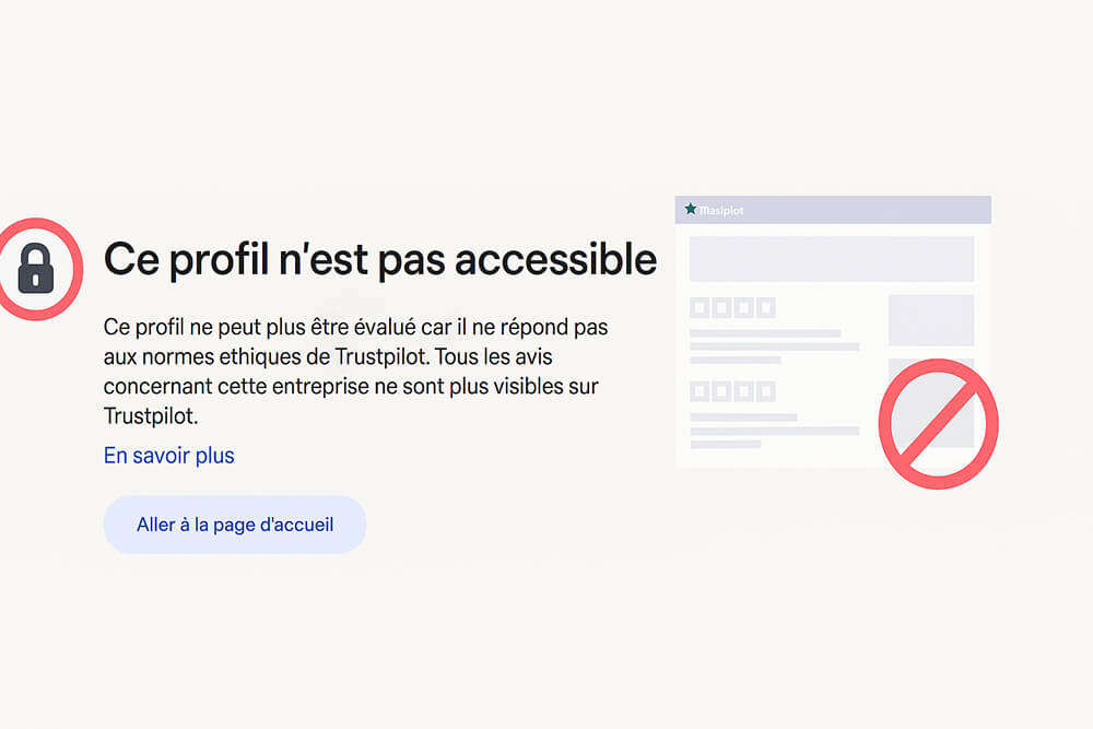 Trustpilot : profil non accessible - les avis ne sont pas visibles publiquement -capturTrustpilot : profil non accessible - les avis ne sont pas visibles publiquement -capture du 13/08/2028 e du 13/08/2028 