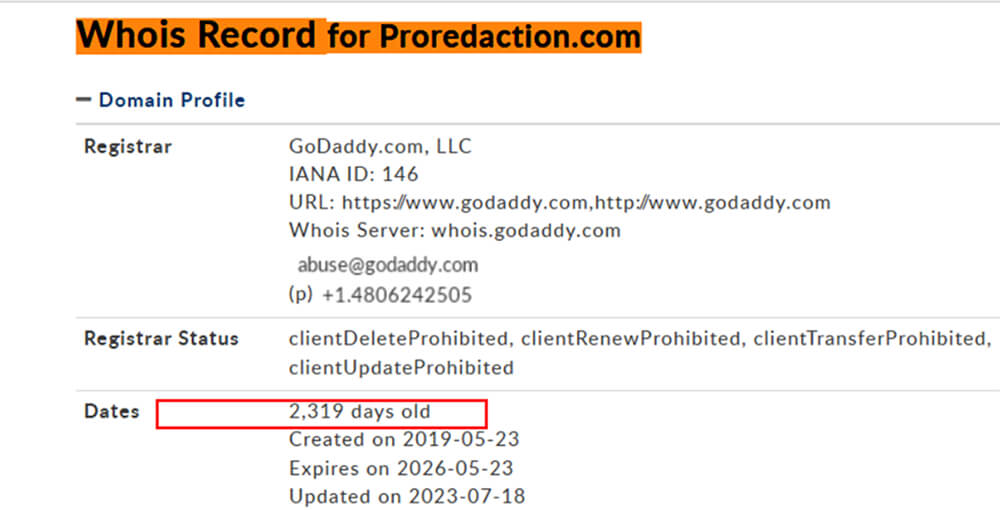 Whois Proredaction.com : ancienneté du domaine et information d'enregistrement -capture 13/08/2025