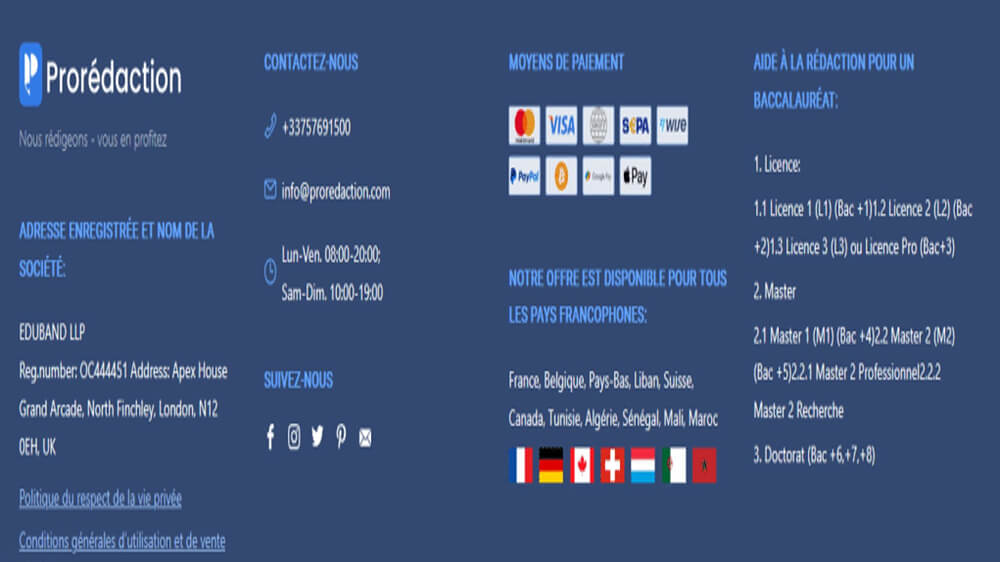 Pied de page Proredaction.com : raison sociale, coordonnées, moyens de paiement et zone desservies -capture 13/08/2025