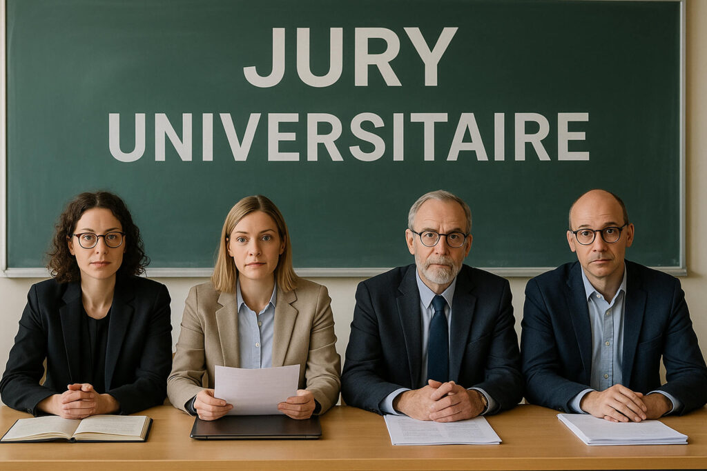 Jury académique attentif lors d’une soutenance infirmière.