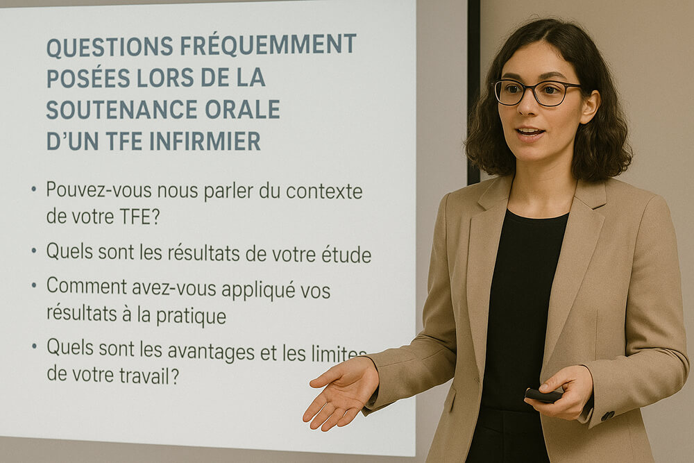 Étudiante infirmière expliquant ses résultats lors d’une soutenance orale.