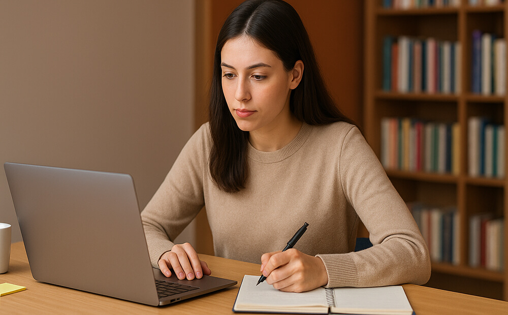 Étudiante qui réfléchit à des exemples de sujets de mémoire devant son ordinateur avec un carnet de notes