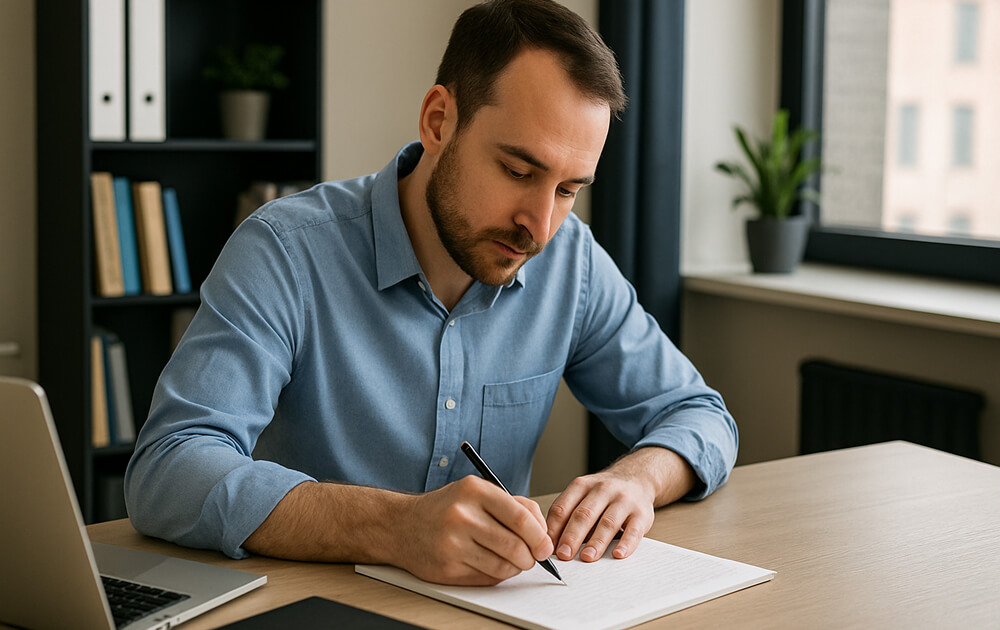 Homme concentré écrivant à son bureau dans un environnement de travail calme, prenant des notes pour un projet académique ou professionnel.