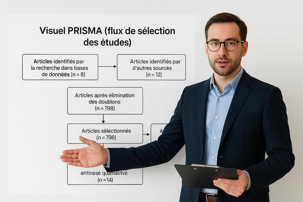 Flux PRISMA de sélection des études : identification, déduplication, dépistage, lecture intégrale, inclusions finales.