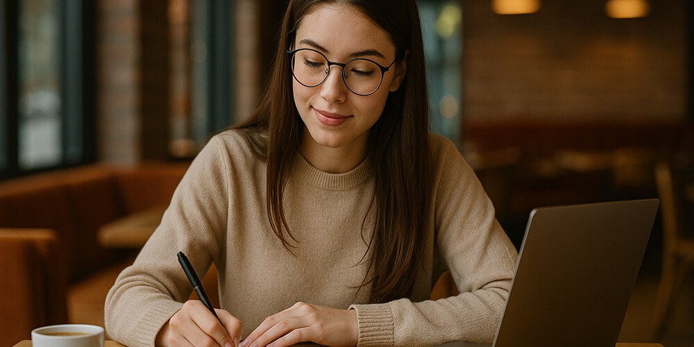 Étudiante en cafétéria écrivant son mémoire dans un carnet, ordinateur portable ouvert à ses côtés.