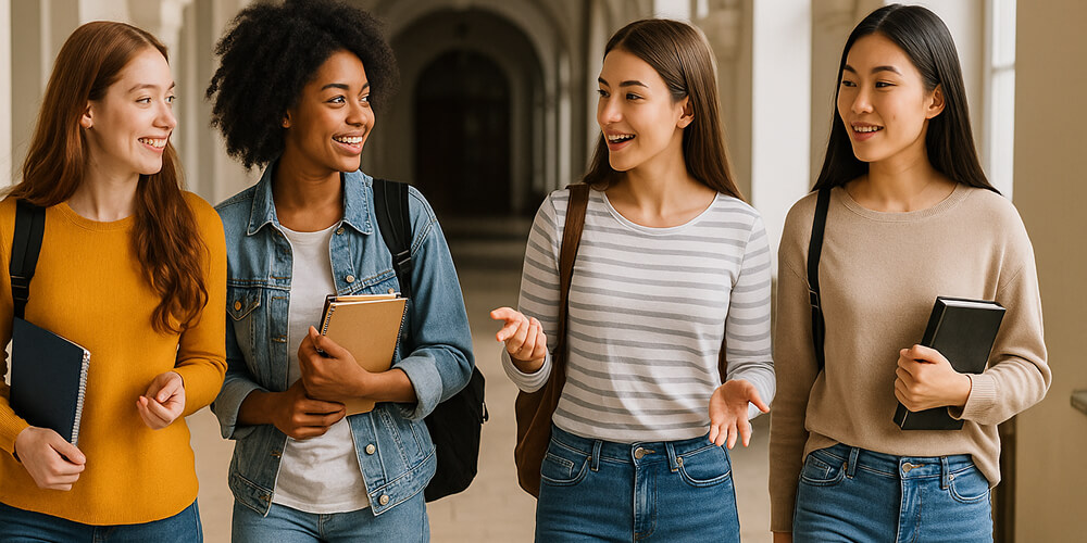 Groupe d’étudiantes marchant et discutant dans un couloir d’université lumineux, livres et sacs à dos à la main.