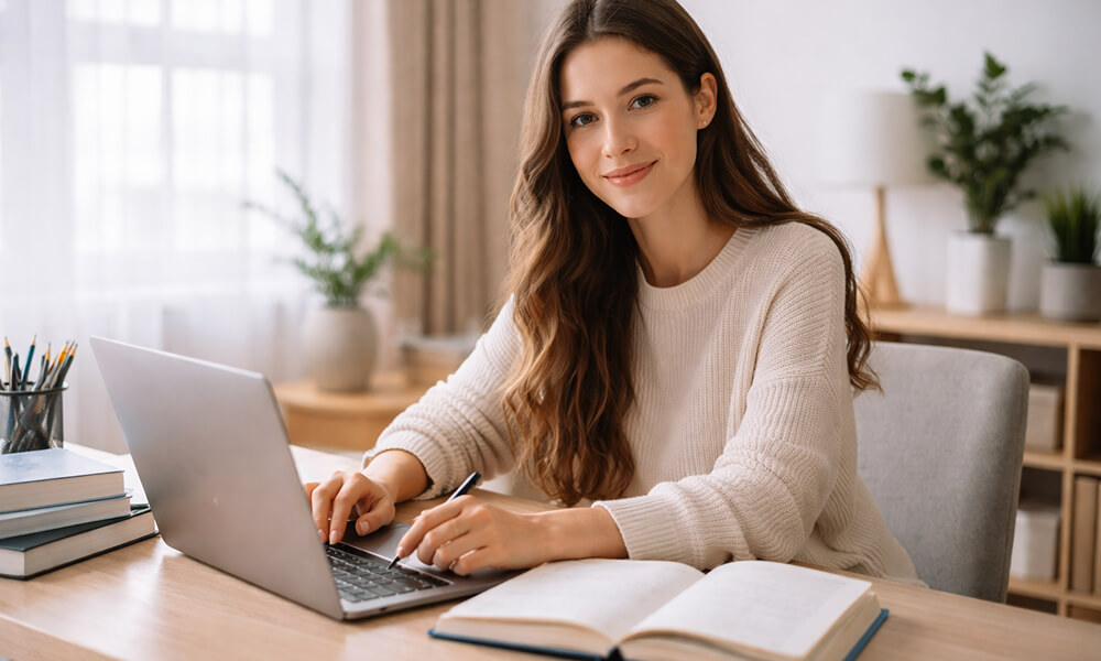 Étudiante travaillant sur la rédaction d’un mémoire sur ordinateur portable, cahier ouvert et livres académiques sur le bureau.