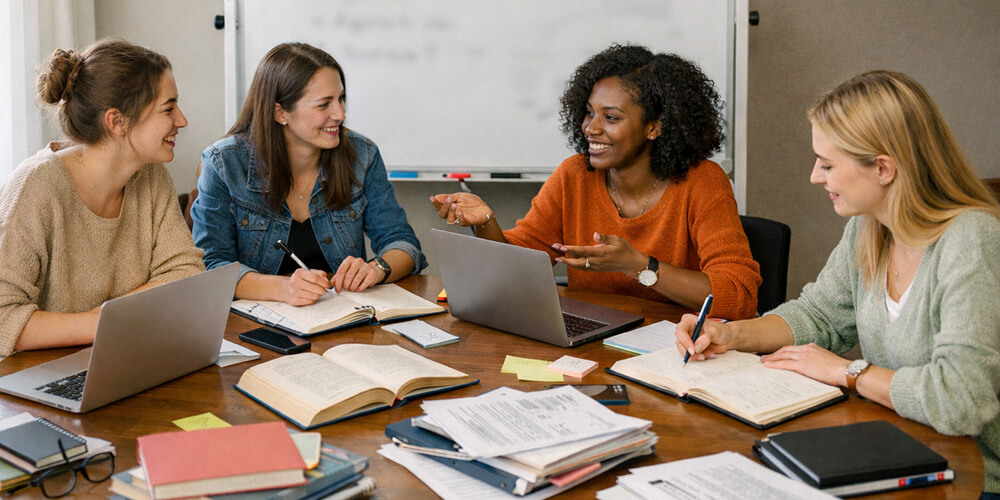 Groupe d’étudiantes réunies autour d’une table de travail avec ordinateurs portables, cahiers et documents, échangeant sur la rédaction de la conclusion d’un mémoire, tableau blanc flouté en arrière-plan.