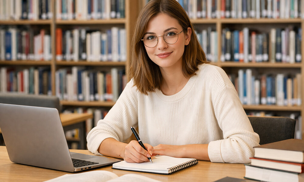 Étudiante en psychologie assise à un bureau en bois clair dans une bibliothèque universitaire lumineuse, lunettes fines, ordinateur portable, stylo et carnet de notes, étagères de livres en arrière-plan.