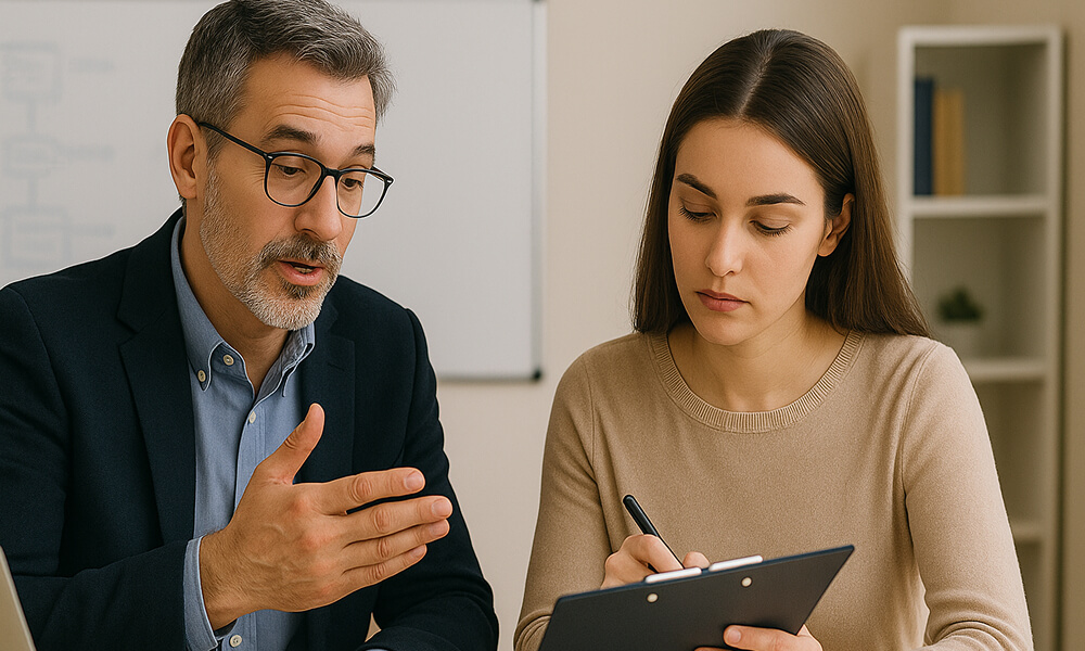 Directeur de mémoire accompagnant une étudiante dans la rédaction de son mémoire à un bureau.