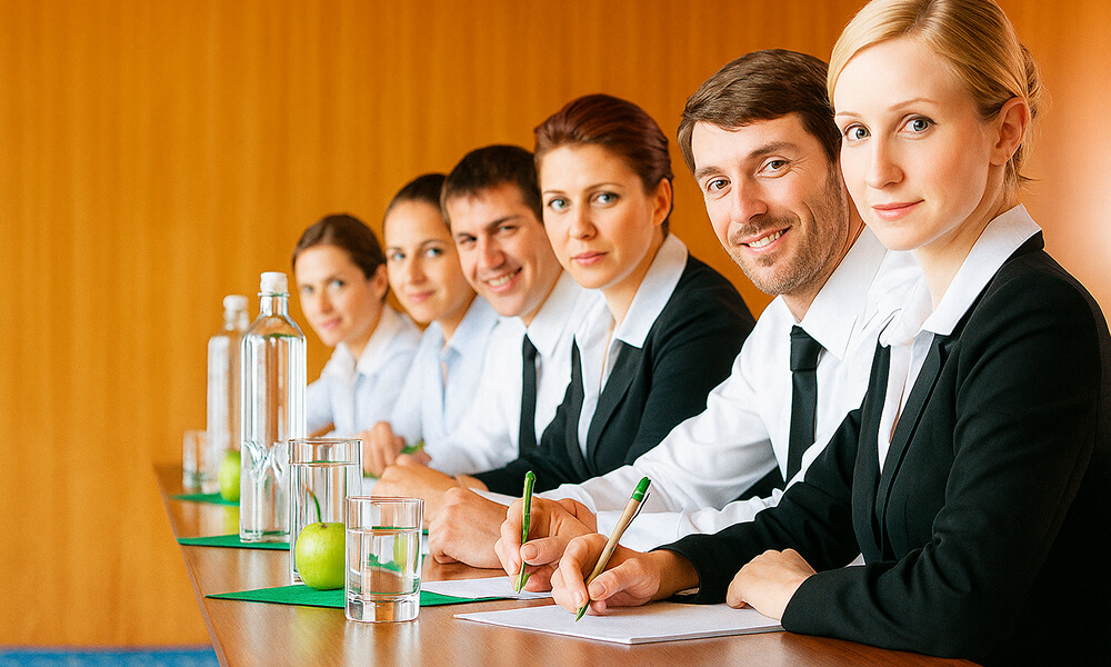 Groupe de professionnels assis à une table de réunion, souriants et tournés vers la caméra, avec bouteilles d’eau et blocs-notes devant eux