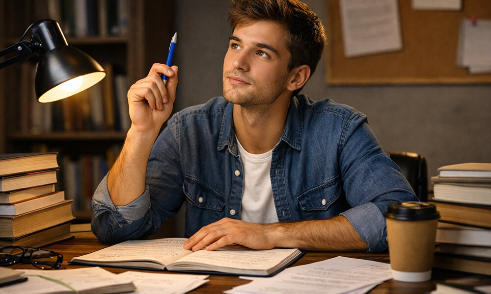 Étudiant assis à son bureau, entouré de livres et de feuilles, tenant un stylo et réfléchissant sous une lampe allumée (réflexion critique).