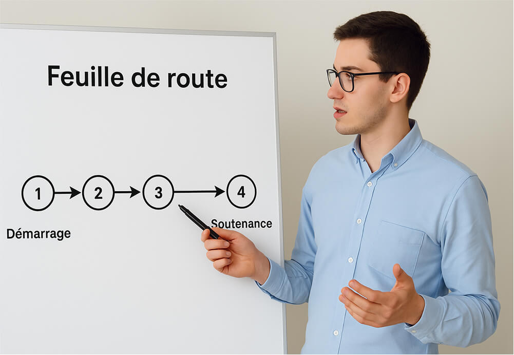 Étudiant présentant la feuille de route d’un mémoire universitaire, avec les étapes du démarrage à la soutenance sur un tableau blanc.
