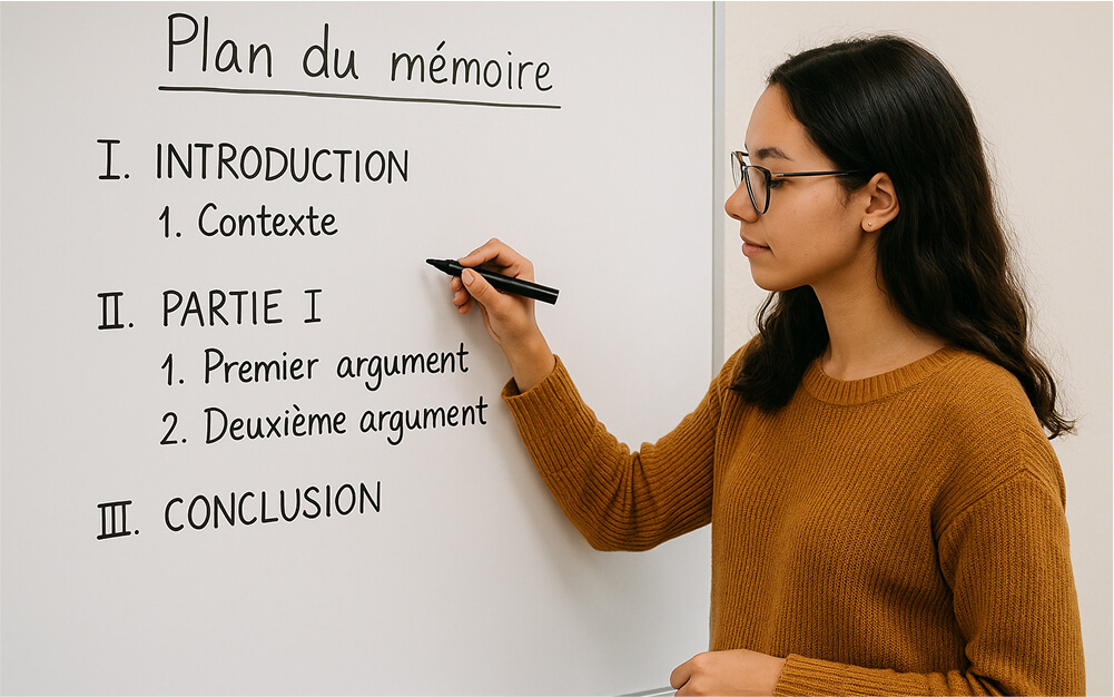 Étudiante rédigeant le plan de son mémoire sur un tableau blanc (introduction, développement et conclusion).