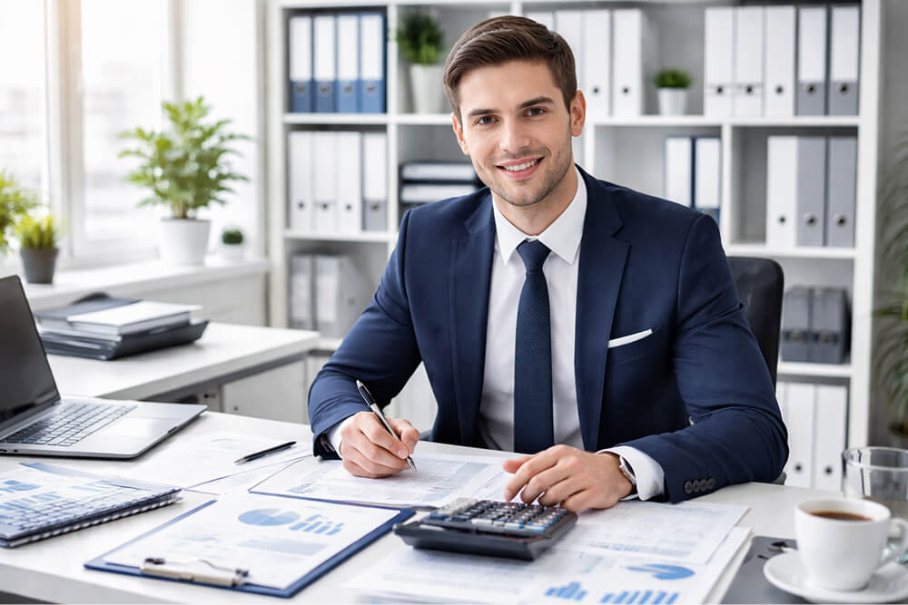 Jeune professionnel en comptabilité assis à un bureau moderne et lumineux, portant une tenue formelle, entouré de classeurs, d’une calculatrice et de documents organisés, illustrant un environnement de travail rigoureux et structuré.