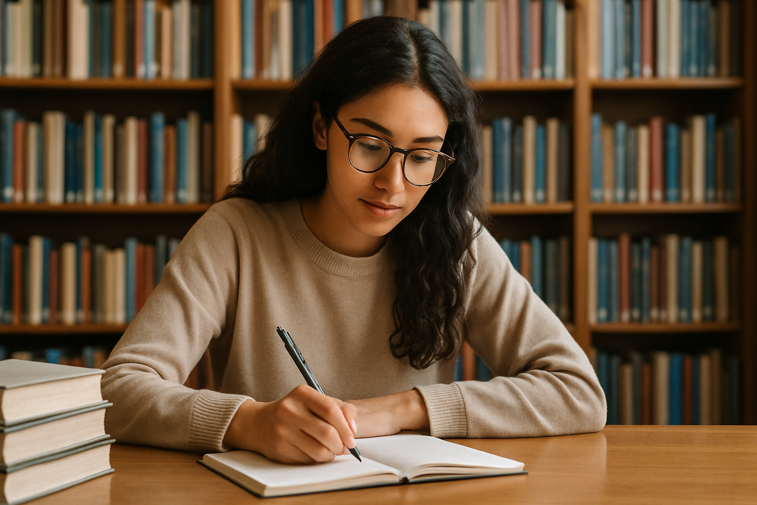 Jeune étudiante concentrée en train d'écrire dans un carnet à une table de bibliothèque, entourée d'étagères remplies de livres.