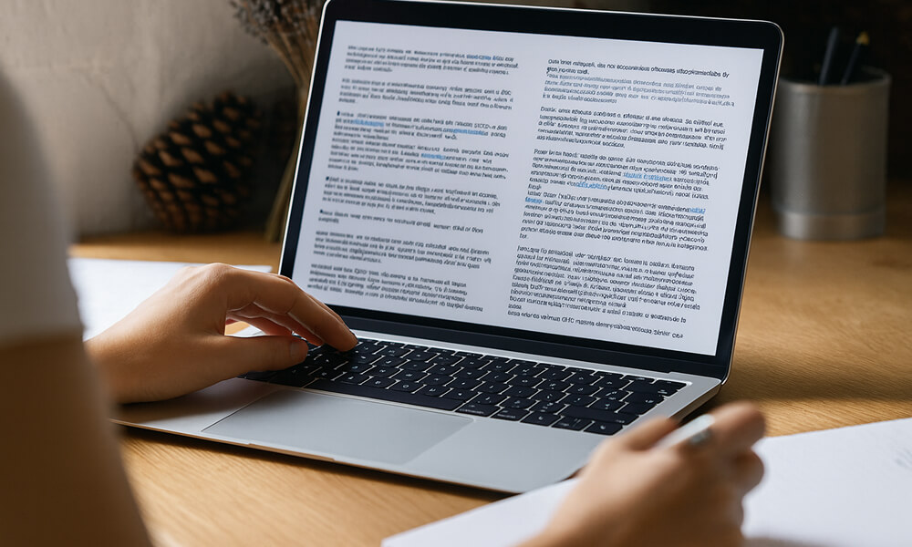 Personne en train de rédiger un mémoire d’expertise comptable (DEC) sur un ordinateur portable, en travaillant sur un texte structuré.