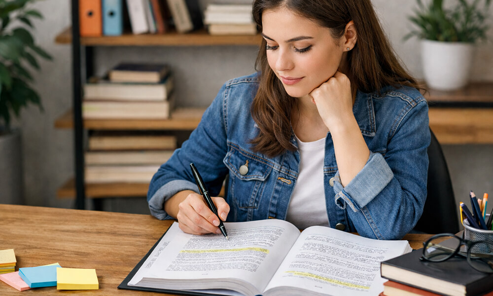 Étudiante relisant son mémoire universitaire à son bureau avant la soutenance, vérifiant la méthodologie, l’analyse, la structure et la qualité globale de son travail