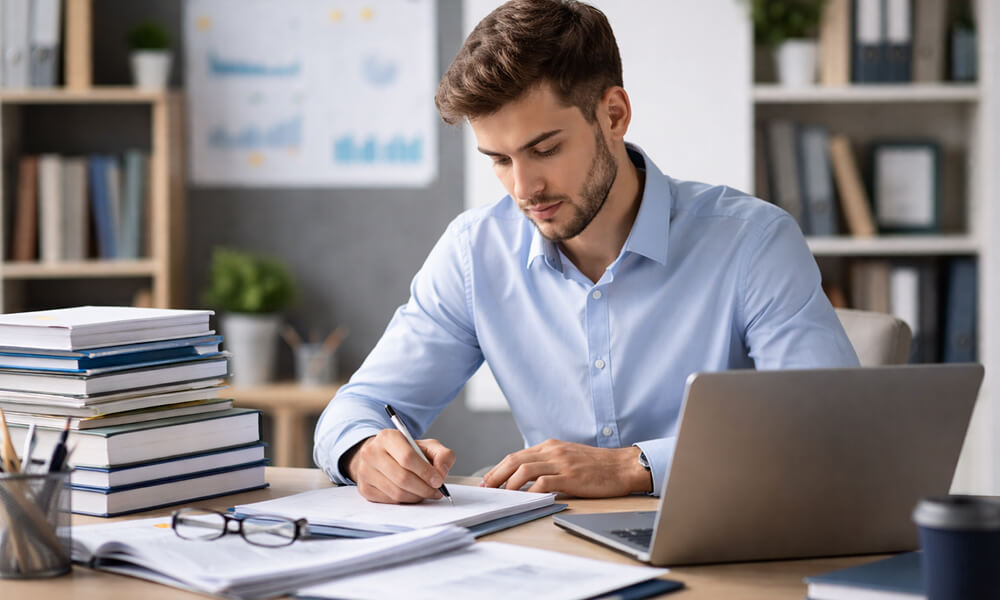 Étudiant en école de commerce travaillant sur son mémoire de fin d’études à un bureau moderne avec ordinateur portable, livres académiques et documents de recherche.