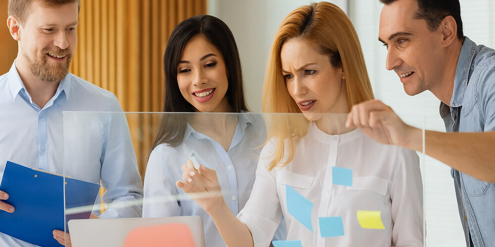 Équipe professionnelle en réunion collaborative, échangeant des idées autour d’un laptop et de post-it lors d’une séance de brainstorming en entreprise.