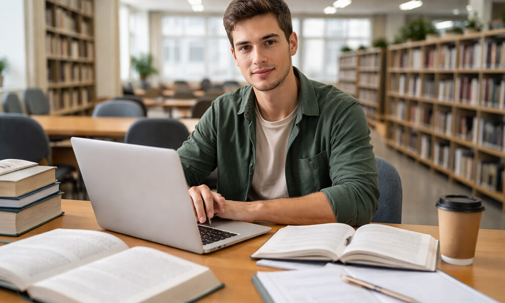 Étudiant assis devant un ordinateur portable dans une bibliothèque universitaire calme, entouré de livres ouverts, de notes et d’un cahier de travail