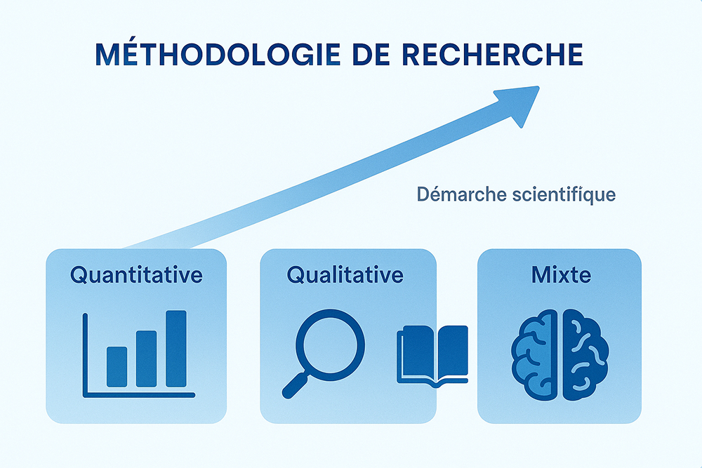 Une infographie stylisée en bleu dégradé montrant un schéma de méthodologie de recherche :trois colonnes représentant “Quantitative”, “Qualitative”, et “Mixte”,des icônes (graphiques, loupe, livre, cerveau),une flèche de progression symbolisant la démarche scientifique.
Design plat, minimaliste, cohérent avec le style académique.