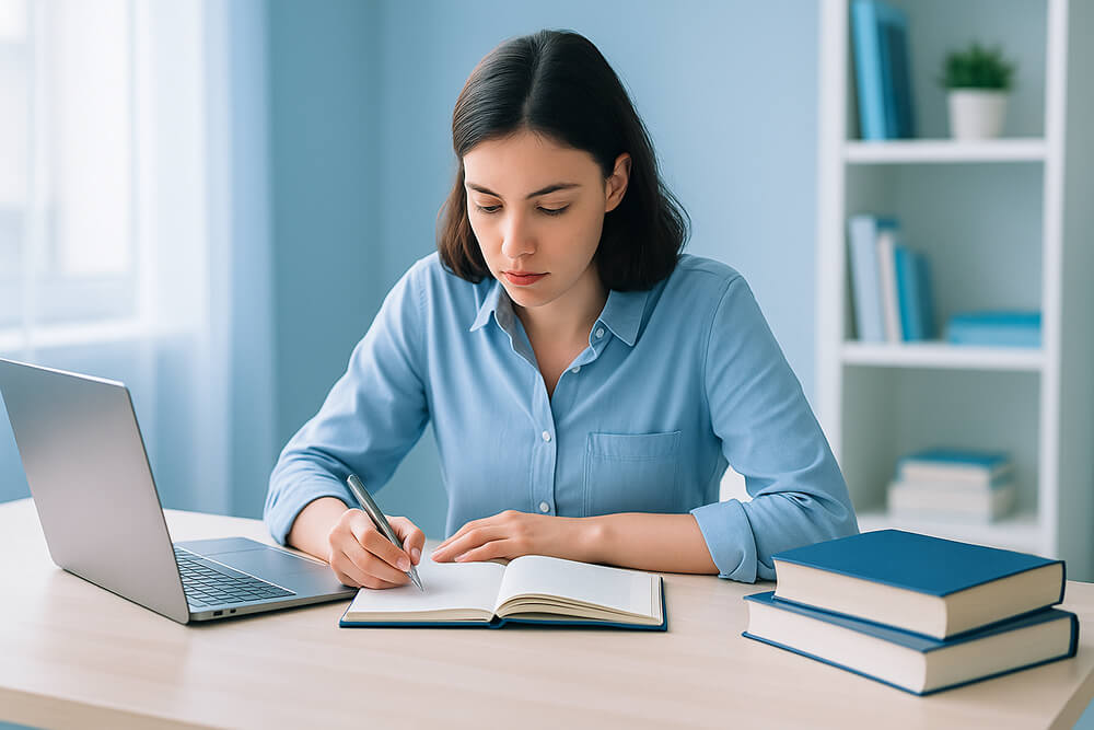 Un étudiant ou une étudiante à un bureau clair et moderne, concentré sur la rédaction d’un mémoire avec un ordinateur portable ouvert, des notes manuscrites, et des livres universitaires.