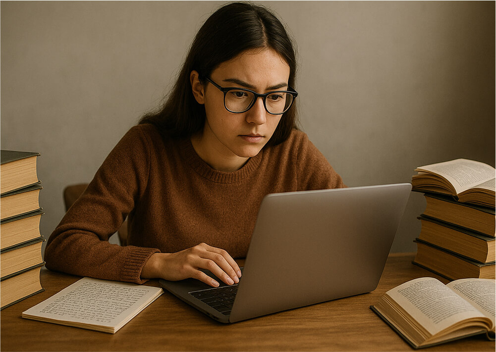 Étudiante concentrée travaillant sur son ordinateur portable, entourée de livres ouverts et de notes manuscrites sur une table en bois
