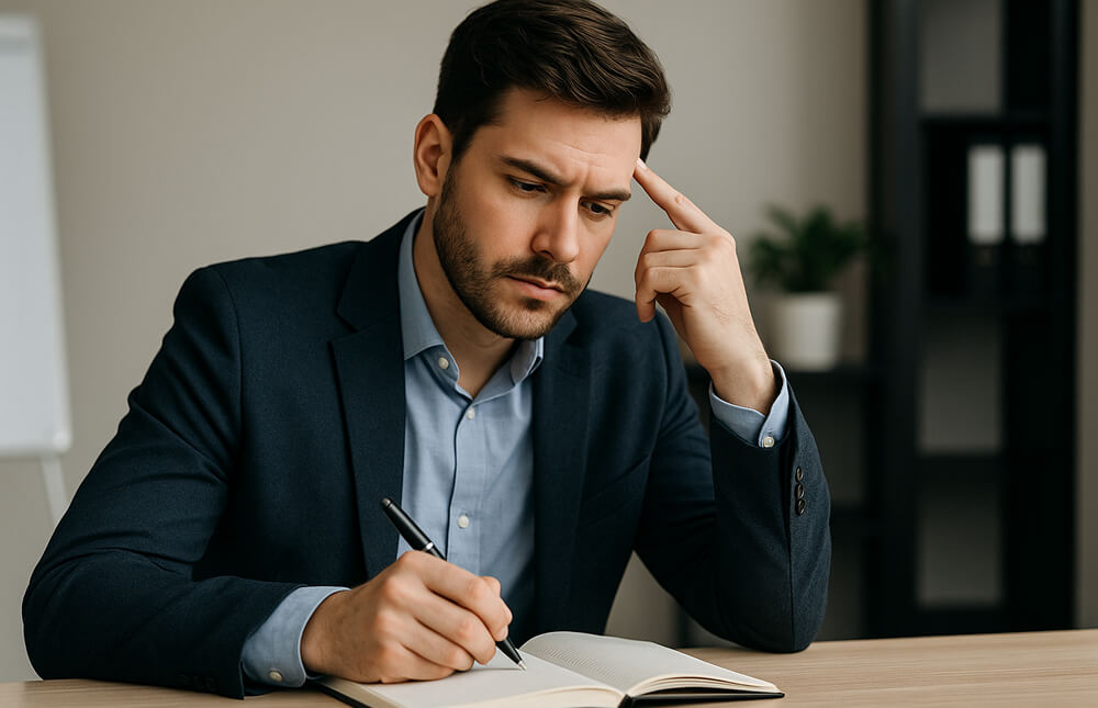 Étudiant concentré en train de rédiger son mémoire, assis à un bureau moderne, réfléchissant à sa problématique de recherche dans un cadre professionnel lumineux.