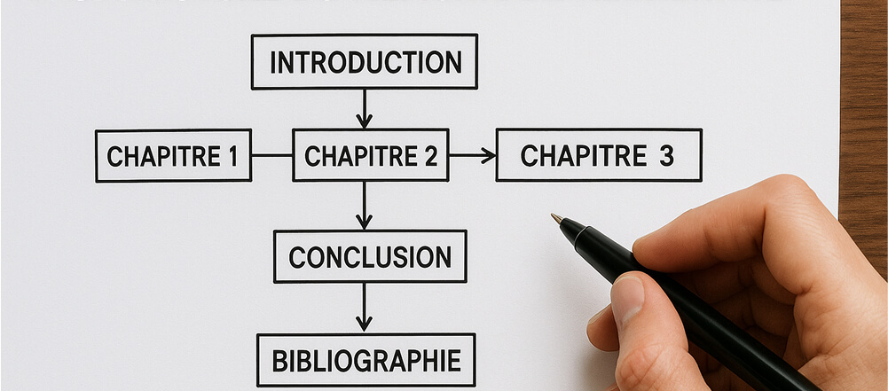 Schéma de l’architecture d’un mémoire de recherche : Introduction → Chapitre 1 → Chapitre 2 → Chapitre 3 → Conclusion → Bibliographie.
