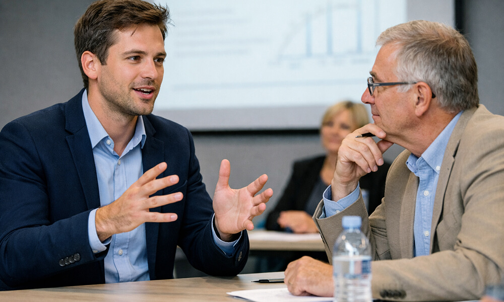 Candidat en soutenance orale répondant à une question du jury, expliquant son raisonnement avec des gestes, sans support écrit, illustrant l’évaluation de sa compréhension et de sa maîtrise du sujet.