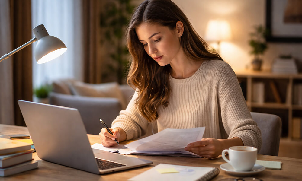 Étudiante assise à un bureau, travaillant sur un ordinateur portable et consultant un document, avec livres et tasse de café sous une lampe de bureau.