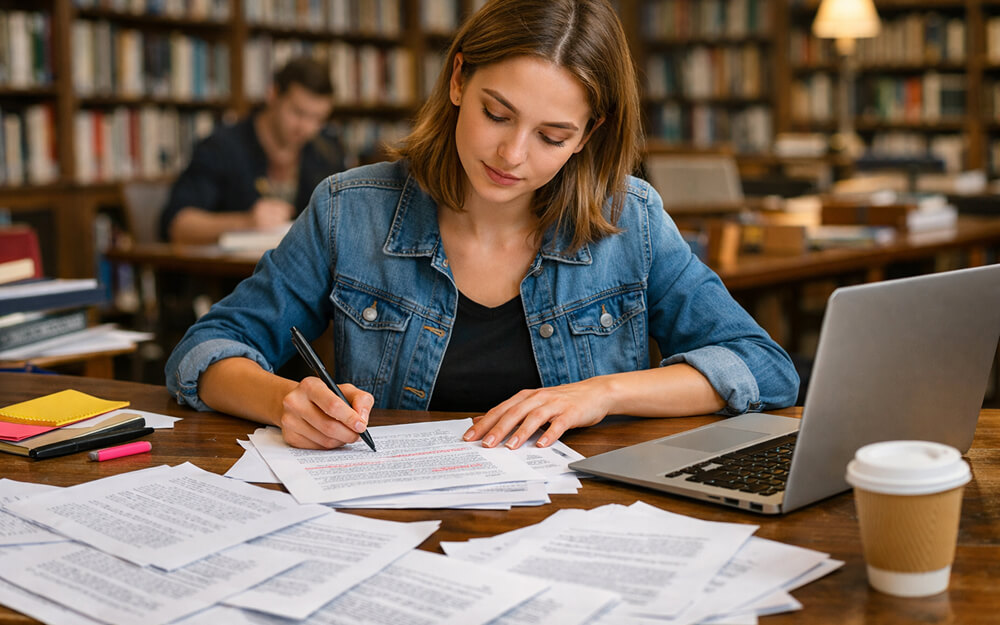 Étudiante corrigeant un document à la main dans une bibliothèque, assise devant un ordinateur portable avec des feuilles éparpillées.