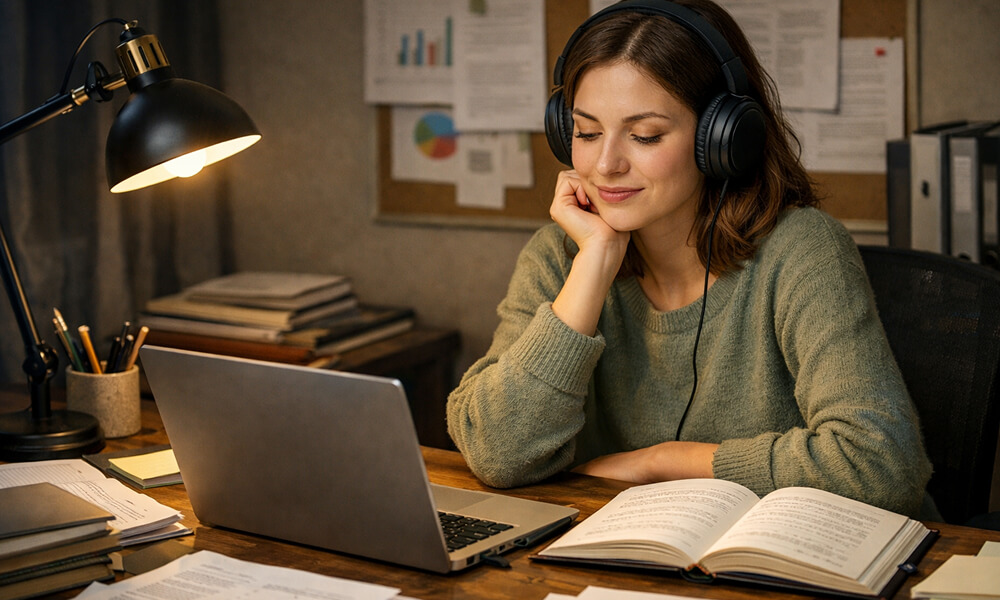 Étudiante portant un casque audio, assise à un bureau avec un ordinateur portable et un livre ouvert, en train de travailler sur la retranscription d’un entretien pour son mémoire.