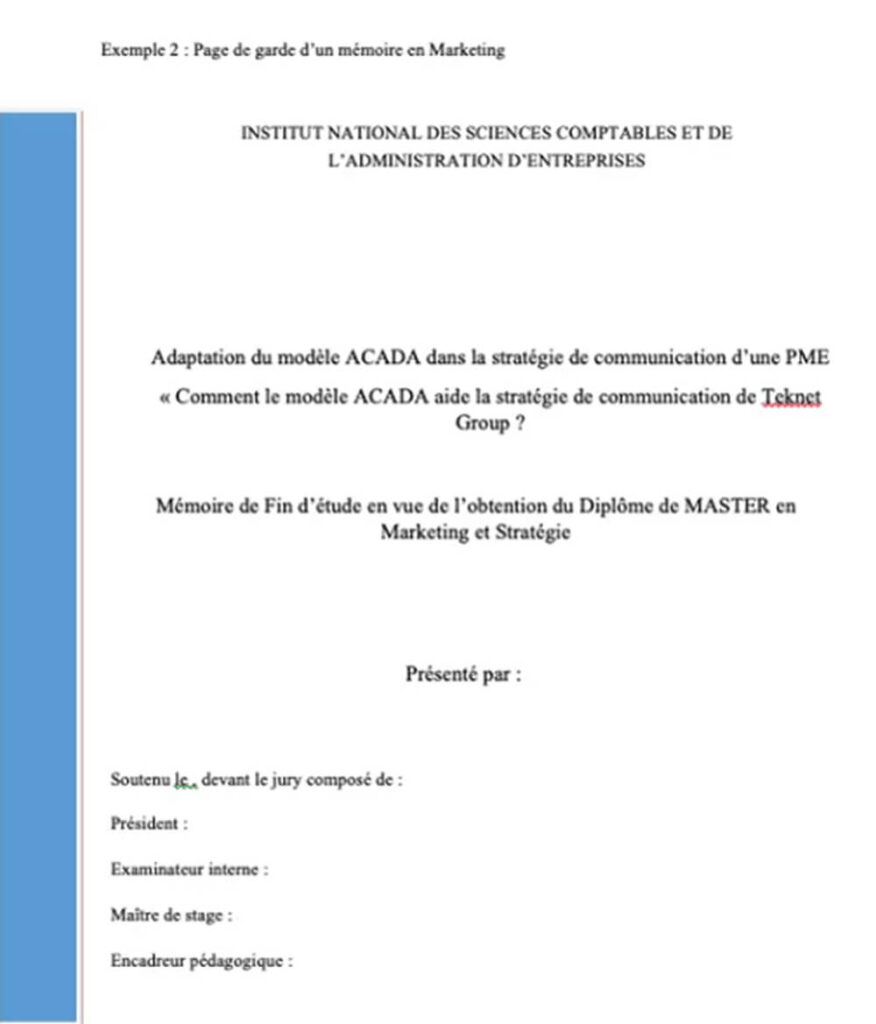 Schéma simplifié des différentes parties d'un mémoire, avec une flèche pointant vers la section de la page de garde.