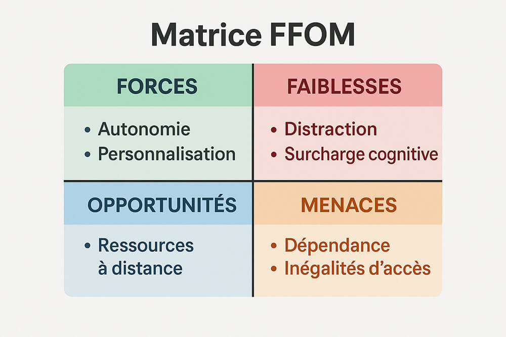 Matrice FFOM en 4 quadrants listant forces (autonomie, personnalisation), faiblesses (distraction, surcharge cognitive), opportunités (ressources à distance), menaces (dépendance, inégalités d’accès).