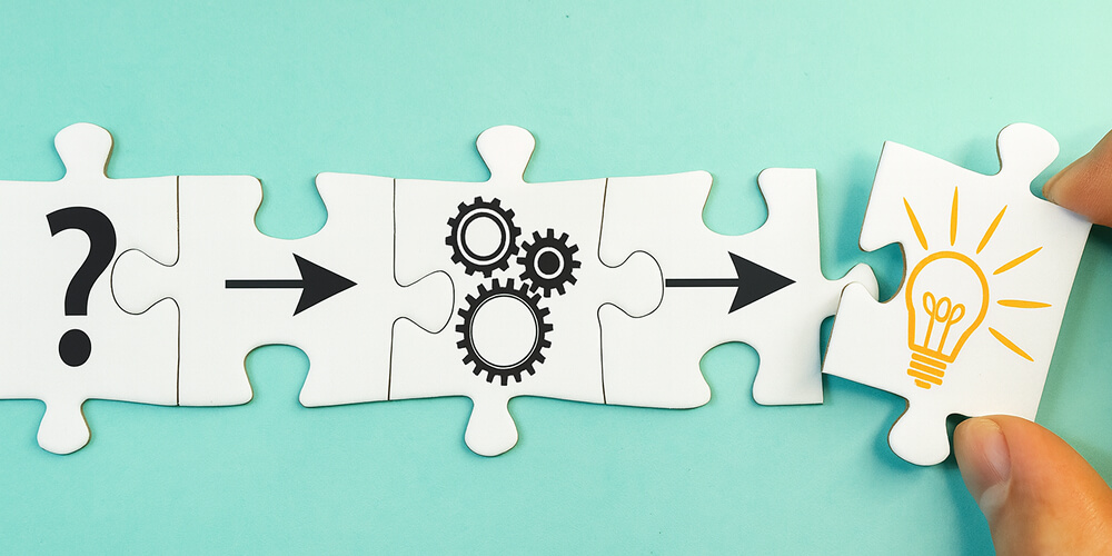 Étapes d’un processus de réflexion : transformer une question en solution à travers un cheminement logique symbolisé par des engrenages et une ampoule.