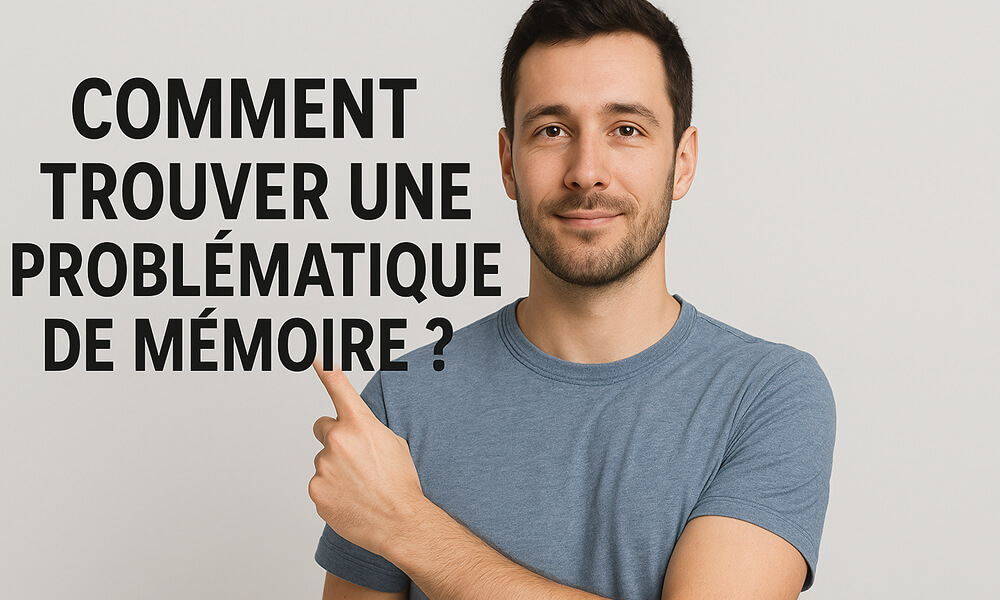 Étudiant souriant pointant du doigt le titre « Comment trouver une problématique de mémoire ? », illustration d’aide à la rédaction universitaire.