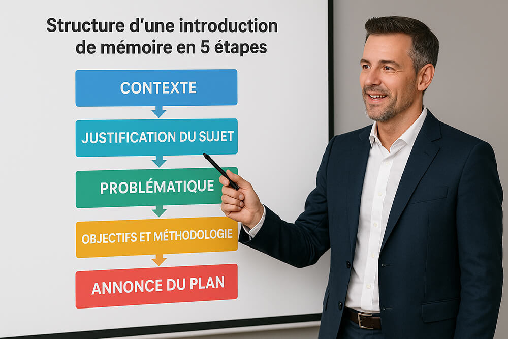 Schéma clair en 5 blocs montrant : contexte, justification du sujet, problématique, objectifs et méthodologie, annonce du plan ; flèches indiquant la progression logique.