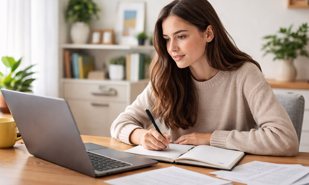 Étudiante travaillant sur le choix de son sujet de mémoire, carnet ouvert et ordinateur portable sur un bureau