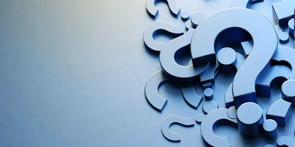 Illustration 3D de points d’interrogation bleus métalliques regroupés sur fond dégradé bleu, symbolisant la question, l’incertitude et la recherche de réponses.