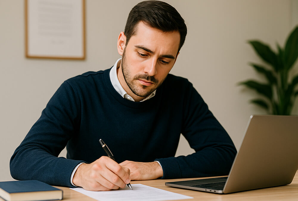 Étudiant concentré rédigeant l’avant-propos d’un mémoire universitaire sur un ordinateur, entouré de livres dans un bureau lumineux, illustrant la rigueur et la méthodologie académique.