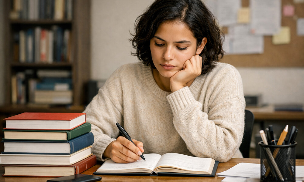Étudiante assise à un bureau, concentrée sur son travail universitaire, écrivant dans un carnet avec des livres académiques empilés devant elle.